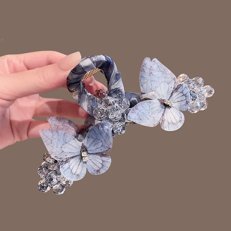 Romantic Mesh Butterfly Hair Claws Crystal Rhinestone Decor Hair Clip Large Size Claw Clip for Women Daily Party Hair Accessory