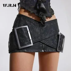 2026 Summer Casual Retro Style Sashes Y2k Fashion Leather Skirts Women's Vintage High Waist Slim Fit A-line Hotsweet Mini Skirt