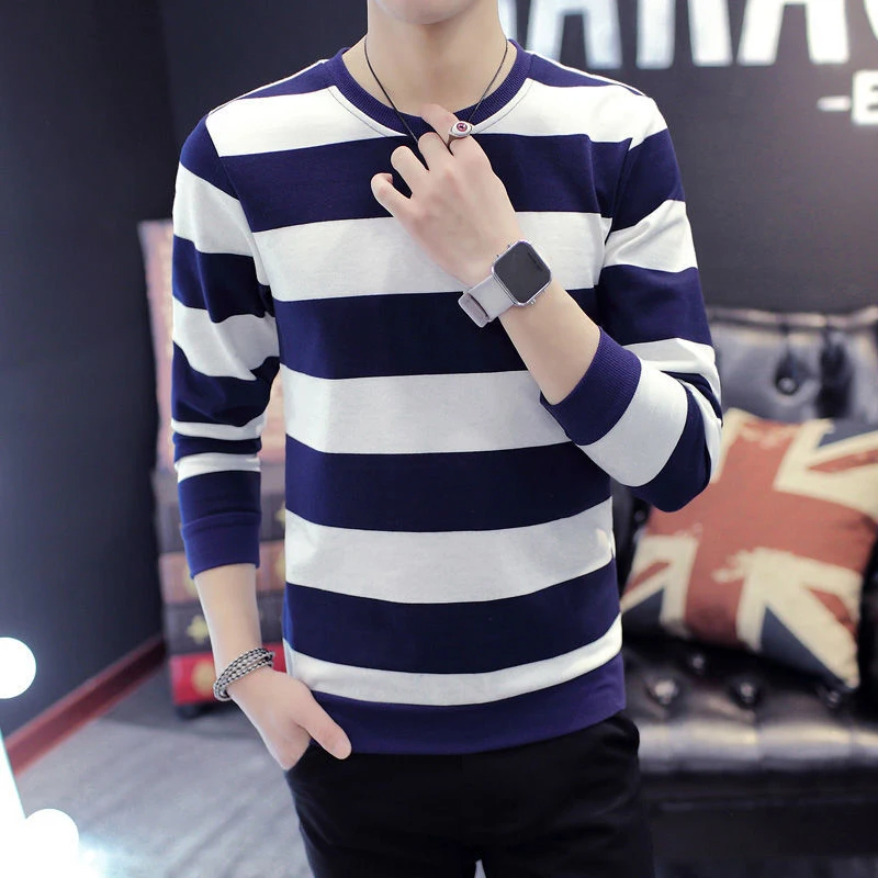 Autumn Winter Striped Print O Neck Long Sleeve Men Sweatshirt Korean Fashion Slim Fit All-match Casual Oversize Pullover T Shirt