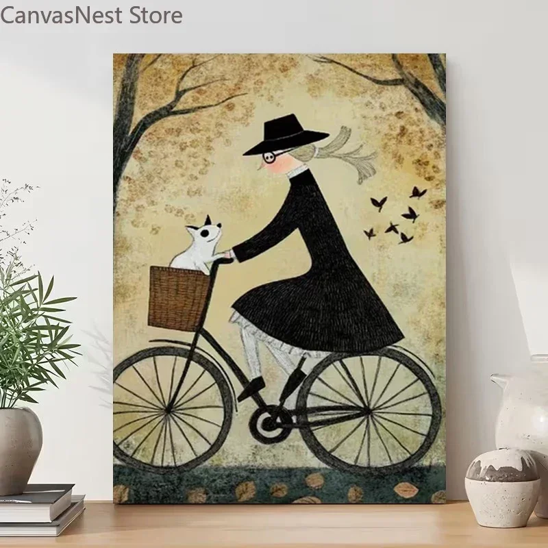 Double Decker Bike Woman Riding Bicycle Poster and Prints Canvas Painting Wall Art Pictures Home Decor Cuadros
