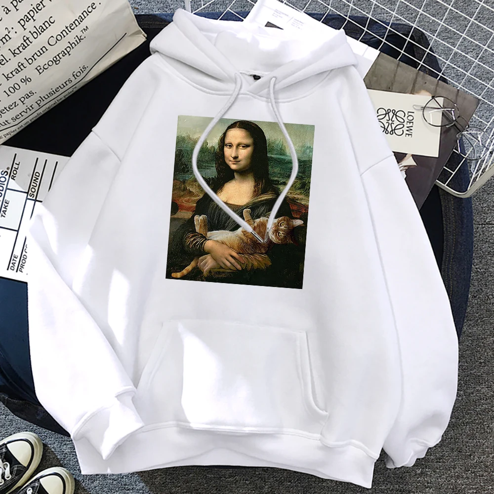 T Shirts Mona Lisa Hugging Cat Kawaii Women Hoodies Cartoon Pocket Pullover Oversize Loose Sweatshirt Fleece Soft Hoodie Woman