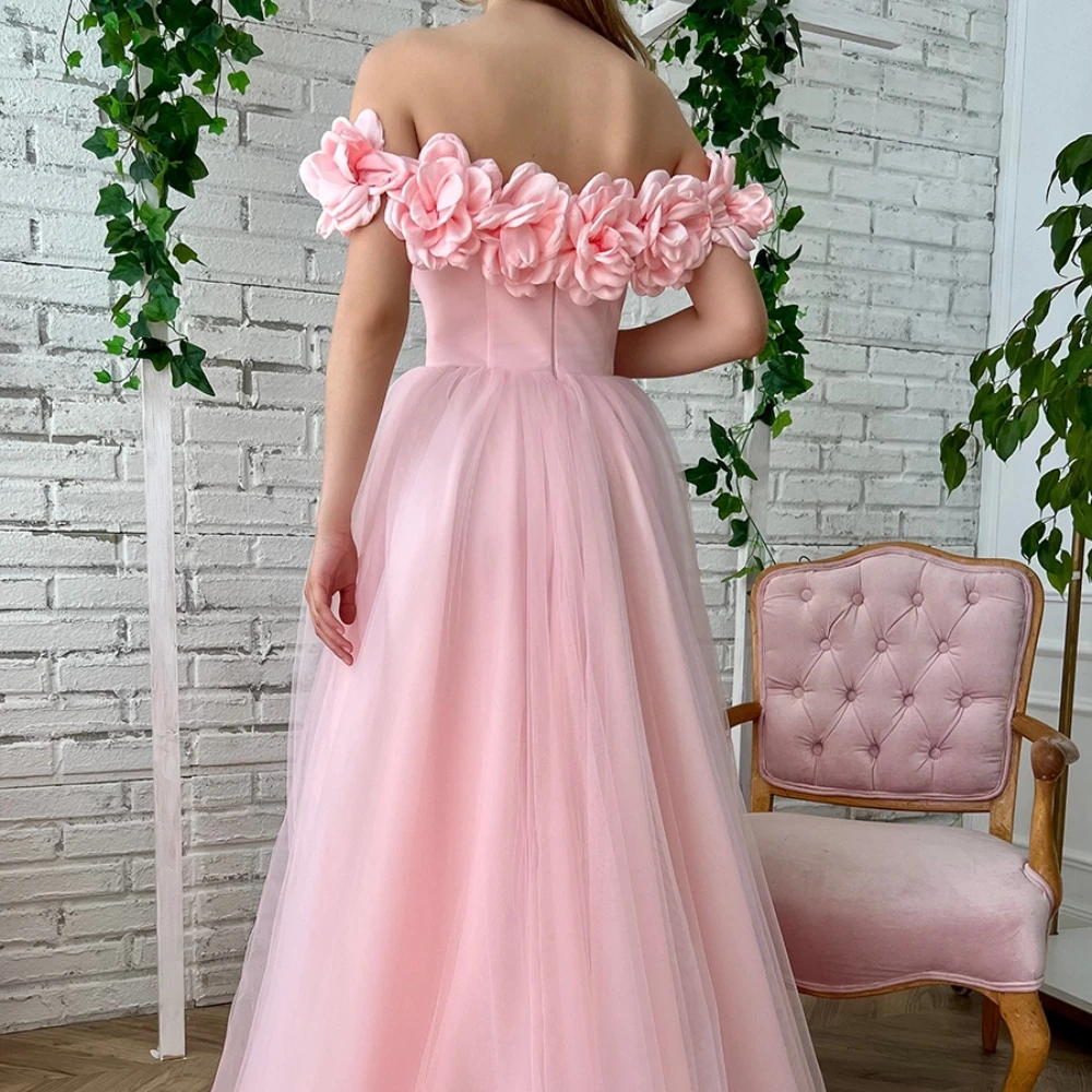 Sweet Princess Flower Exquisite Off Shoulder Gorgeous A-line Ball Dress Sexy Backless Tulle Vintage Boat Neck Evening Dressing