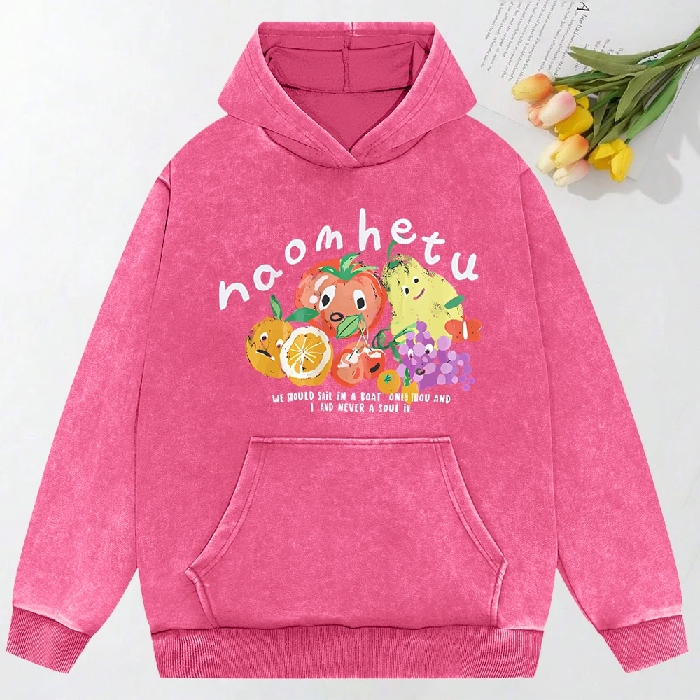 American Retro Fruit Printed Washed Hoody Women Hip Hop Cotton Streetwear Pocket Casual Clothing Creativity Fashion Hoodie