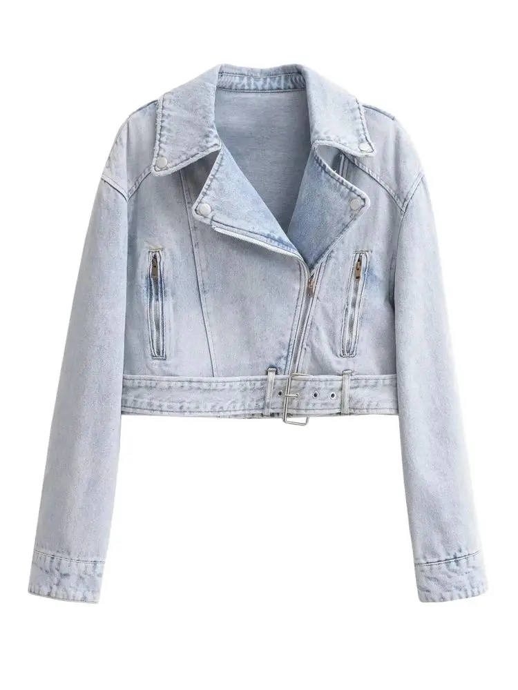 KAOPU ZA biker style Denim Jacket Women's vintage lapel long sleeve spring new zipper jacket high quality