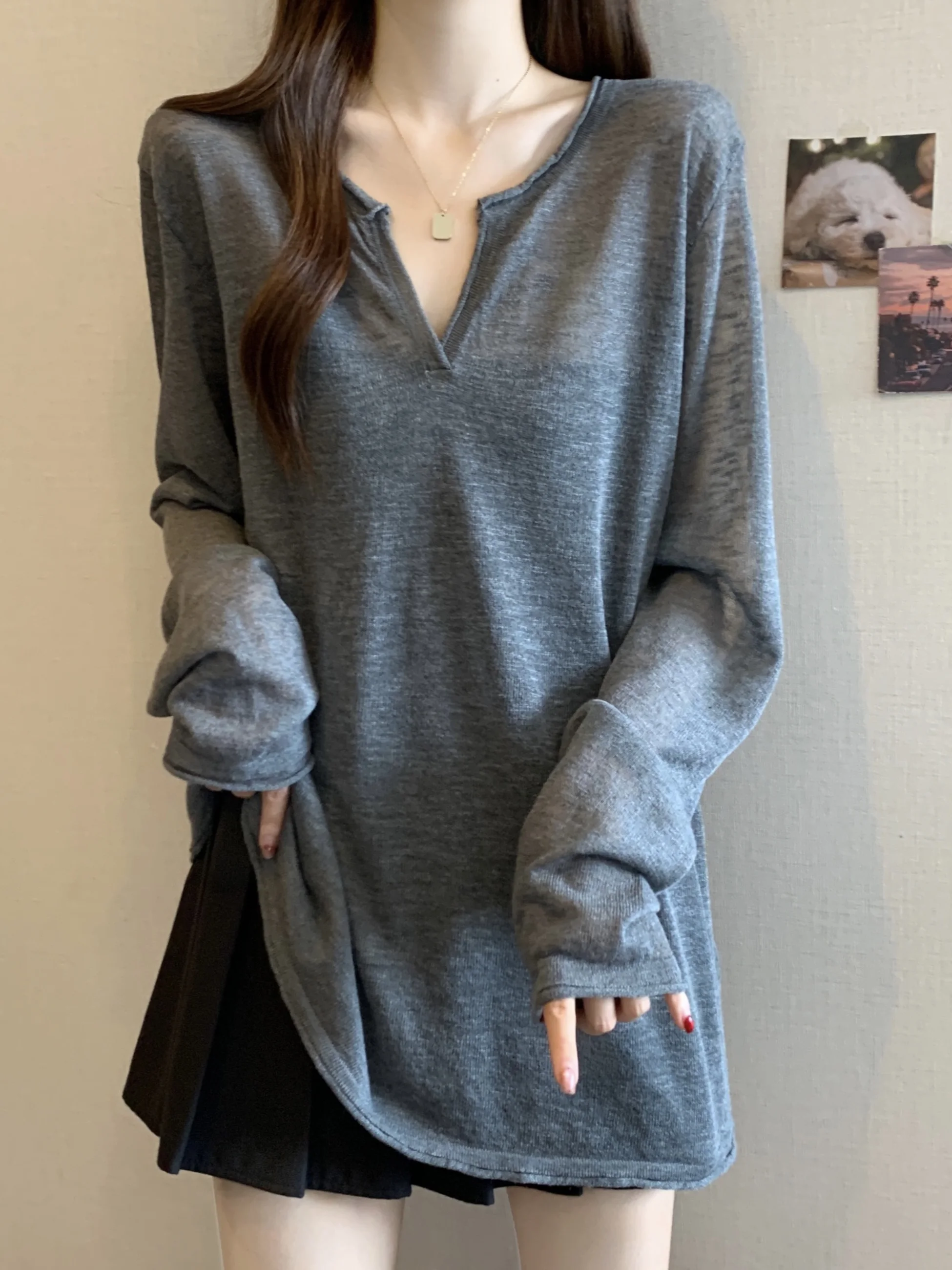 Thin Ice Silk Long Sleeve T-Shirt Women Summer Large Size plus Size Mid-Length Pure Desire Slightly Transparent Top Outer Cover