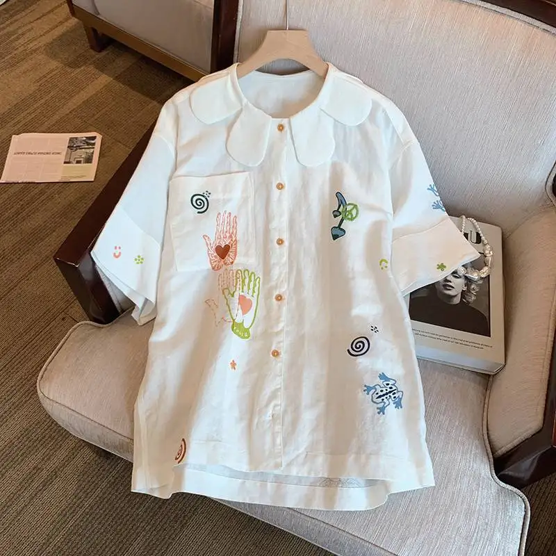 EBAIHUI Peter Pan Collar Cute Print Women's Shirt Korean Embroidery Design Ladies Short Sleeve Blouse Summer Loose Casual Top