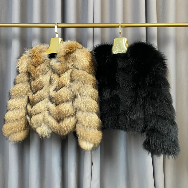 

Wholesale Custom Real Fur Coat Winter Warm Natural Color Real Raccoon Fur Coat Long Sleeve Crew Neck Bomber Jacket