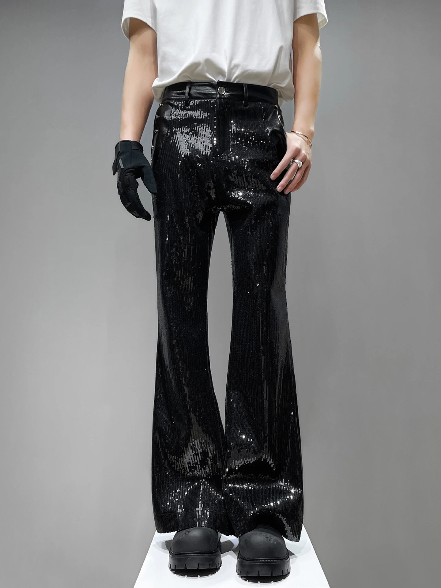 

Heavy Metal Sequin Bla Micro Flared Leather Pants for Men Wide Leg Straight Cut Trousers with Rivets Long Pants Casual Sle