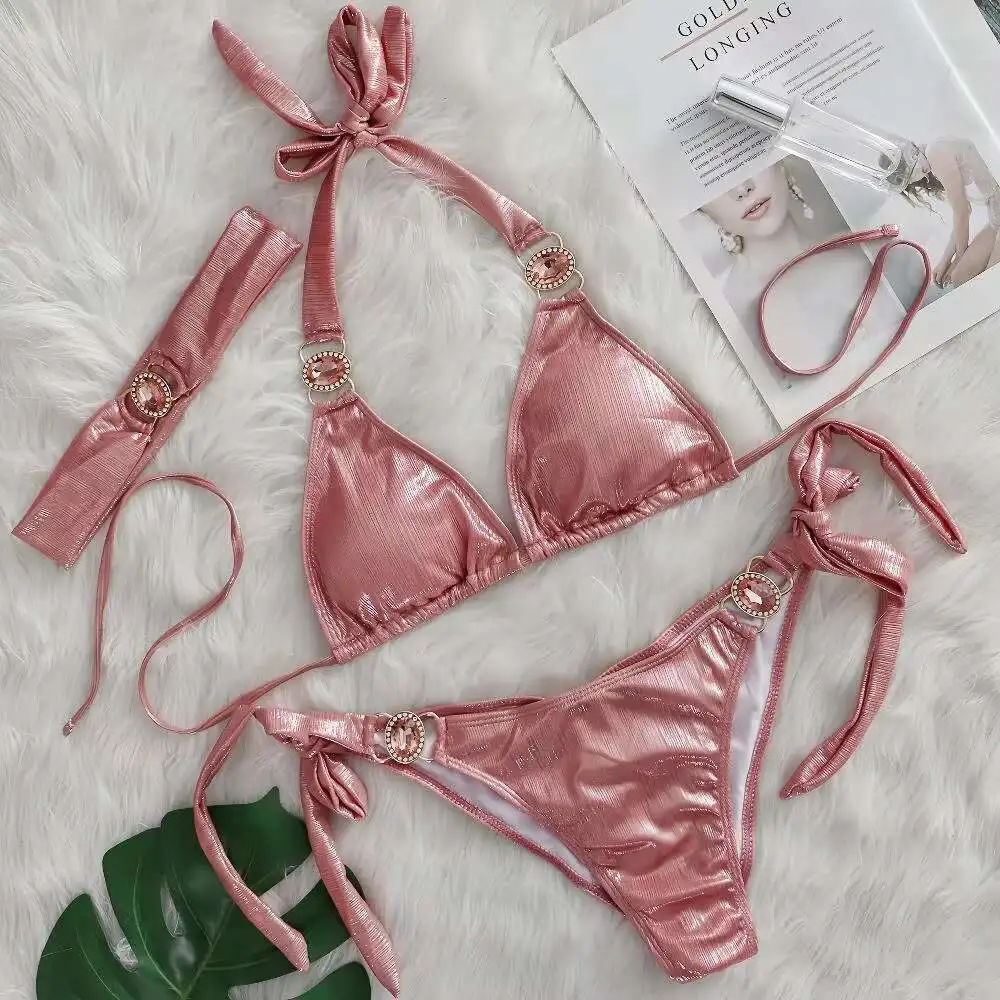 Neu im Jahr 2025, luxuriöse Strass-Neckholder-String-Bikini-Sets für Damen, 2025, sexy Bademode, weibliche Strandkleidung, Urlaub, zweiteilige Badeanzüge