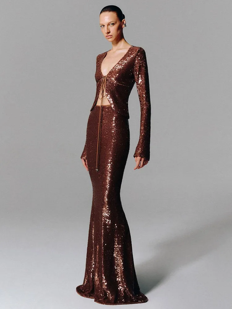 

Women Sexy Long Sleeve Mesh Sequins Brown Beige Two Pieces Skirt Bandage Set 2025 Celebrity Designer Fashion Women's Set