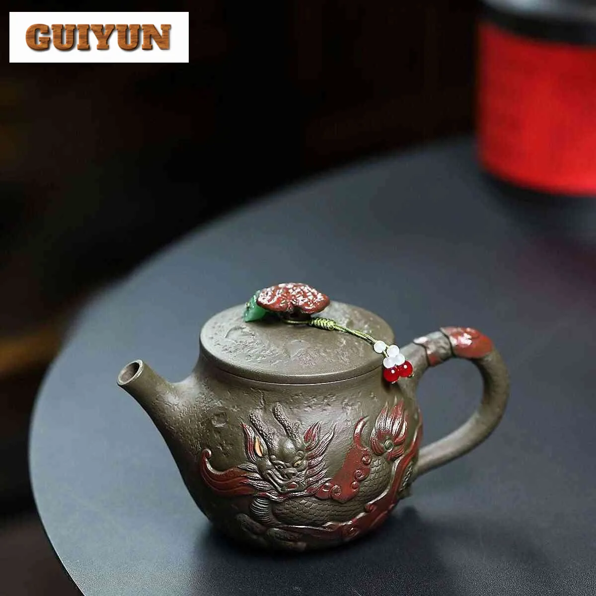 340ml Yixing Purple Clay Teapot Handmade Auspicious Beast Large Caliber Pot Raw Ore Dark Green Mud Kettle With Infuser Zisha Tea