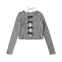 Women's Grey Bow T-shirt Harajuku Korean Y2k 90s Aesthetic Streetwear Vintage Long Sleeve T-shirts Fashion Elegant 2000s Clothes