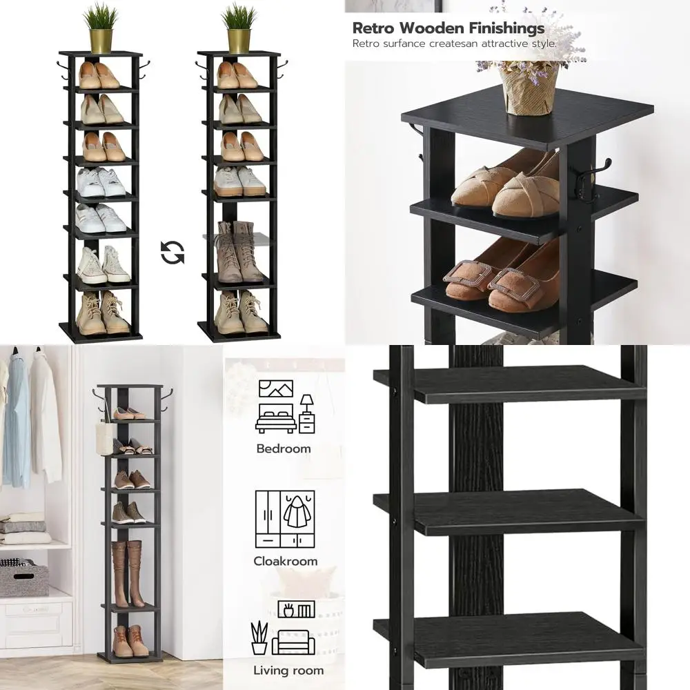 

Vertical Wooden Shoe Rack with Hooks, 8-Pair Storage Organizer, Space-Saving Design for Entryway, Living Room, Bedroom in Black