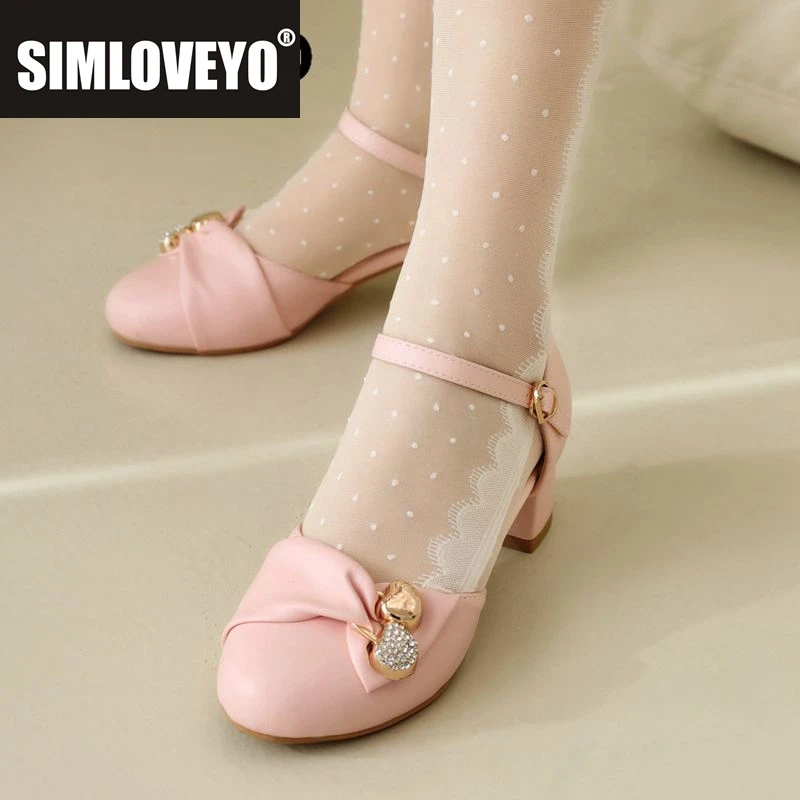 

SIMLOVEYO Корейские туфли-лодочки для девочек с круглым носком и блочным каблуком, 4 см, пряжка, ремешок, металлический декор, большой размер 48 49 50, милая обувь в стиле Лолита 28 29