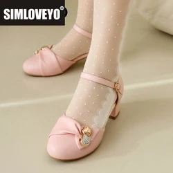 SIMLOVEYO Korean Girls Pumps Round Toe Block Heels 4cm Buckle Strap Metal Decor Big Size 48 49 50 Sweet Lolita Style Shoes 28 29