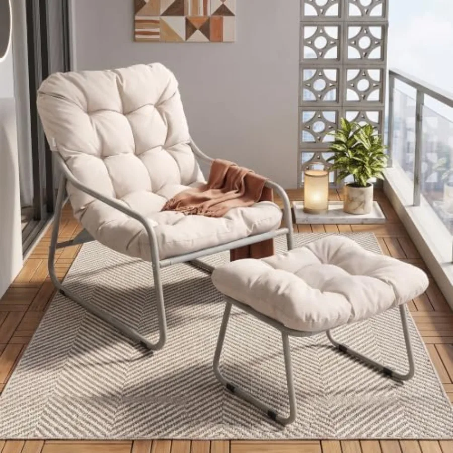 Outdoor Chair with Ottoman for patio use, made of weather-resistant polyester fabric in beige, featuring ergonomic design and e