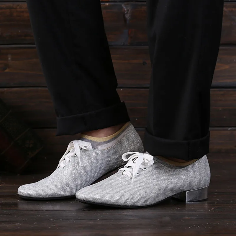 Men Low Heel Ballroom Dance Shoes Silver Glitter Tango Latin Dancing Shoes For Man Boy Shoes Dance Sneaker Modern Jazz Shoes