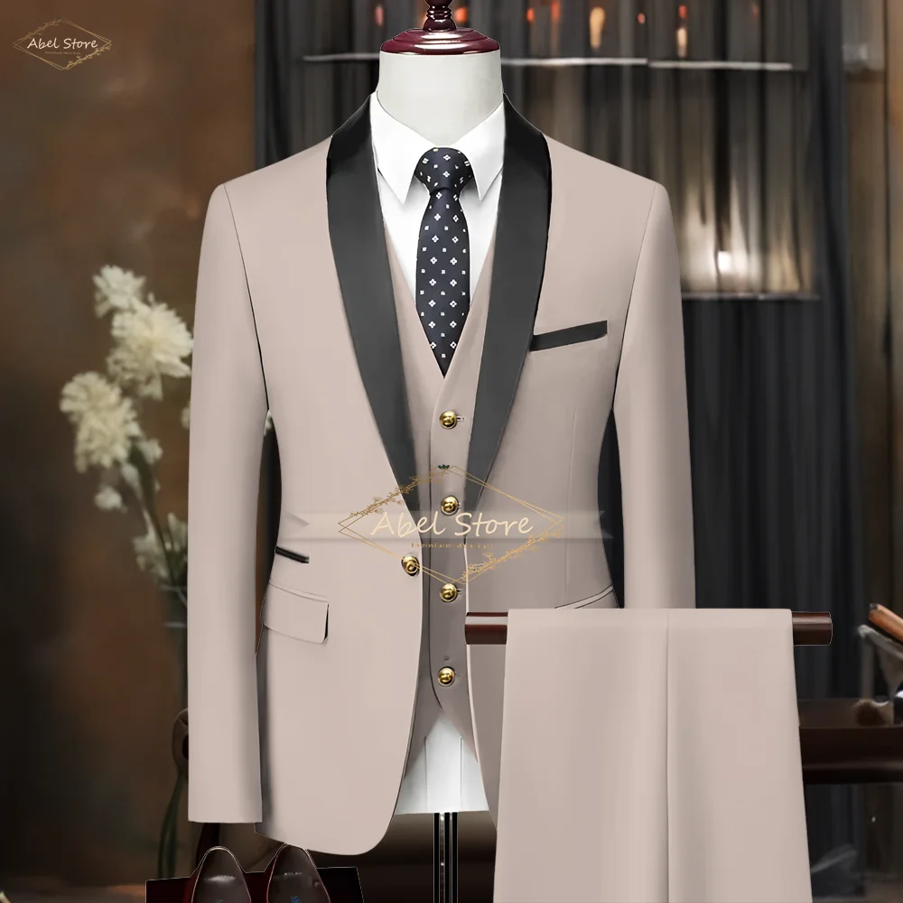 Men's 3-piece suit, custom made wedding/ball/dinner stylish shawl collar gold button elegant tuxedo (jacket + vest + pants)
