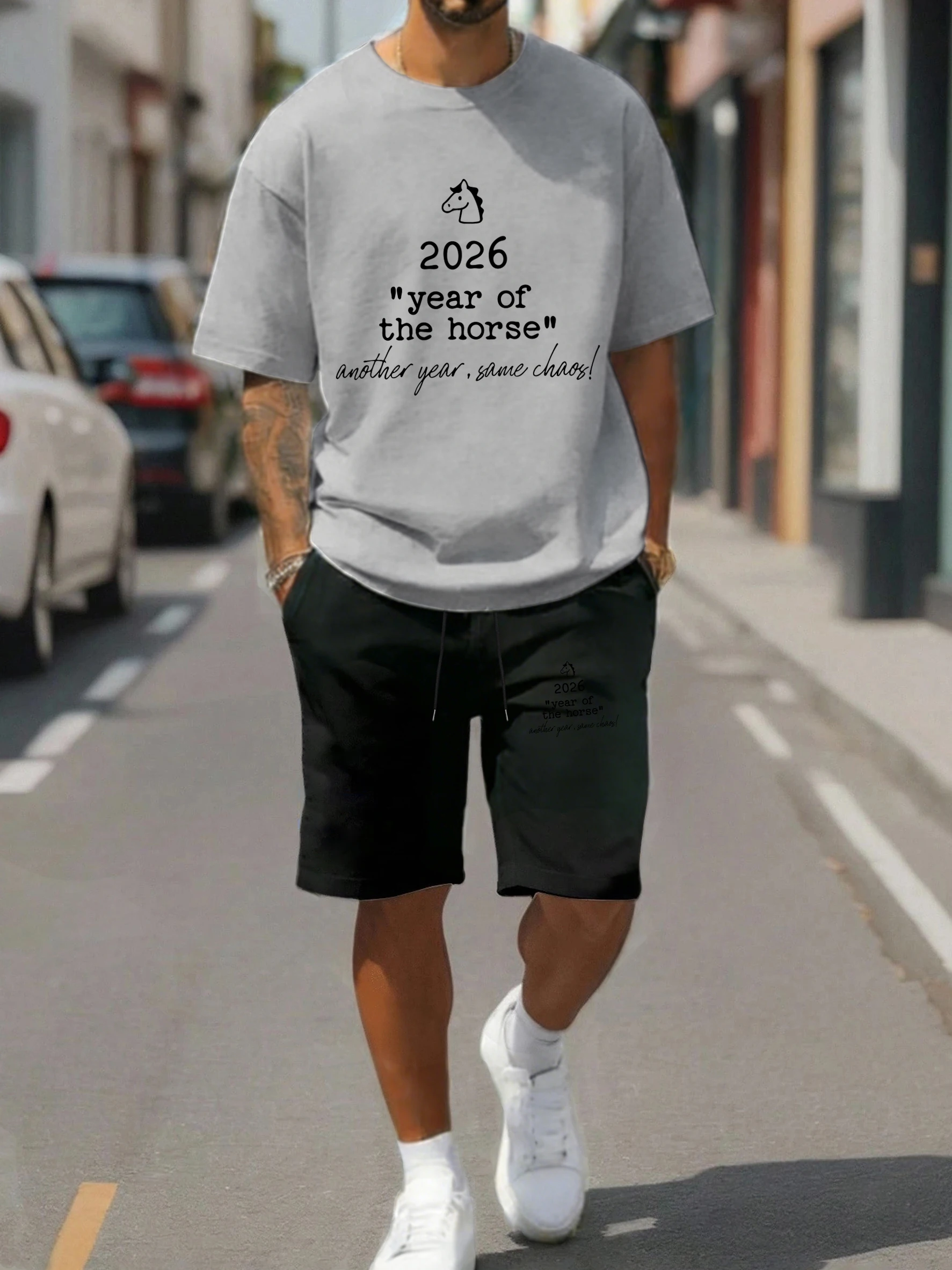 

2026 Year Of The Horse Print T-Shirt Suit Men Summer Cotton Clothing Casual Loose Drawstring Shorts Unisex Comfortable Sportsuit