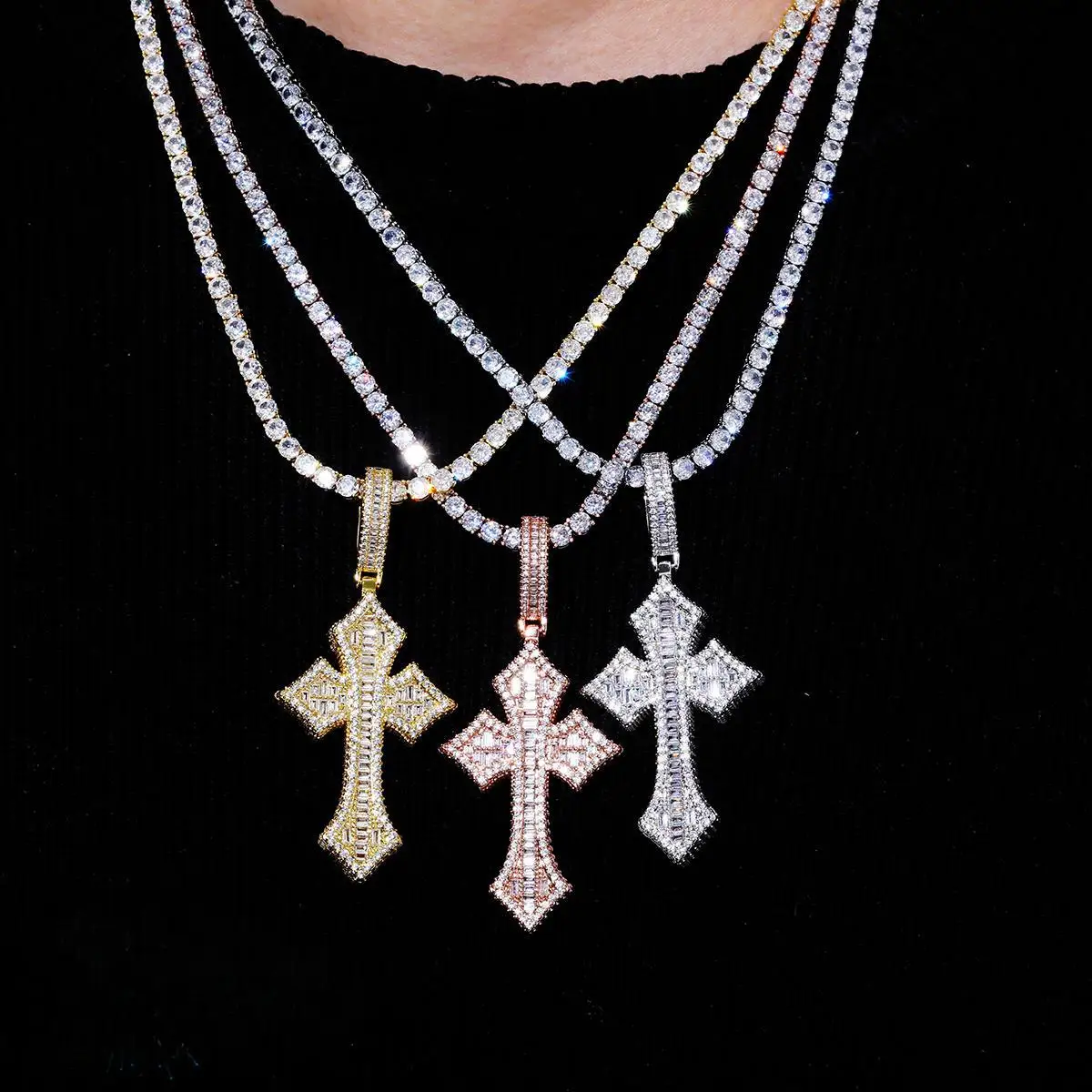 

【Cross Pendant & Tennis Chain Set】ICE HUE 4mm Tennis Chain with Cross Pendant Hip Hop Style Zirconia Necklace Daily Outfit Wear