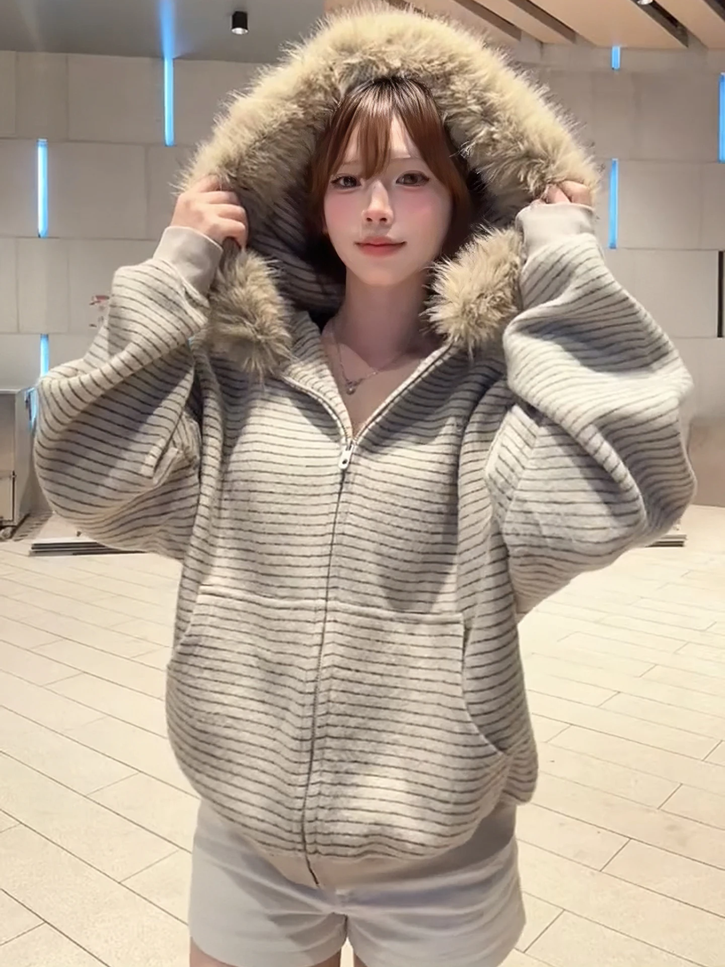 

Lazy Sle, свободный утягивающий повседневный открытый кардиган, полосатая толстовка с меховым воротником на молнии, женская осень-зима