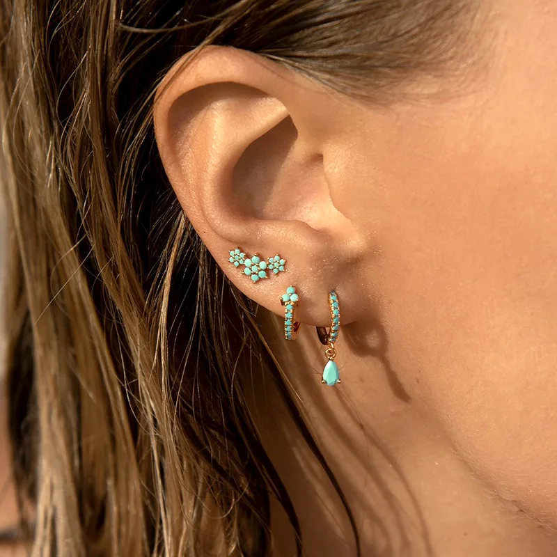 3 stücke Mode Schwarz Zirkon Blume Creolen Set für Frauen Einfache Edelstahl Anhänger Punk Stud Ohrringe Piercing Schmuck