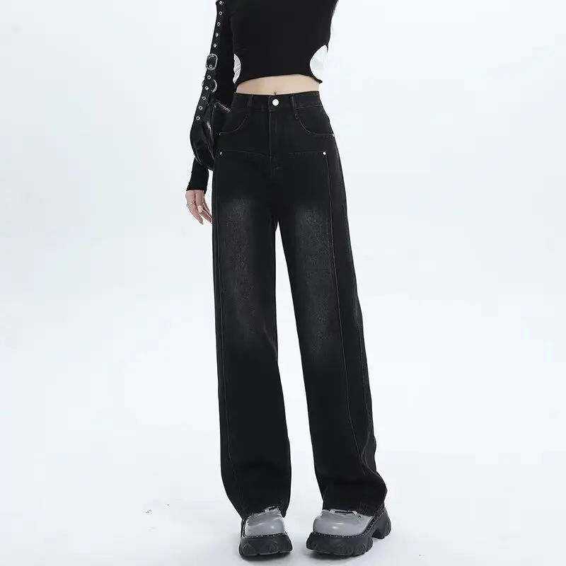 New Girls High Waist Wide LegJeans Lady High Street Denim Straight Leg Pants Female Retro Black Gray Show High Trousers Women's