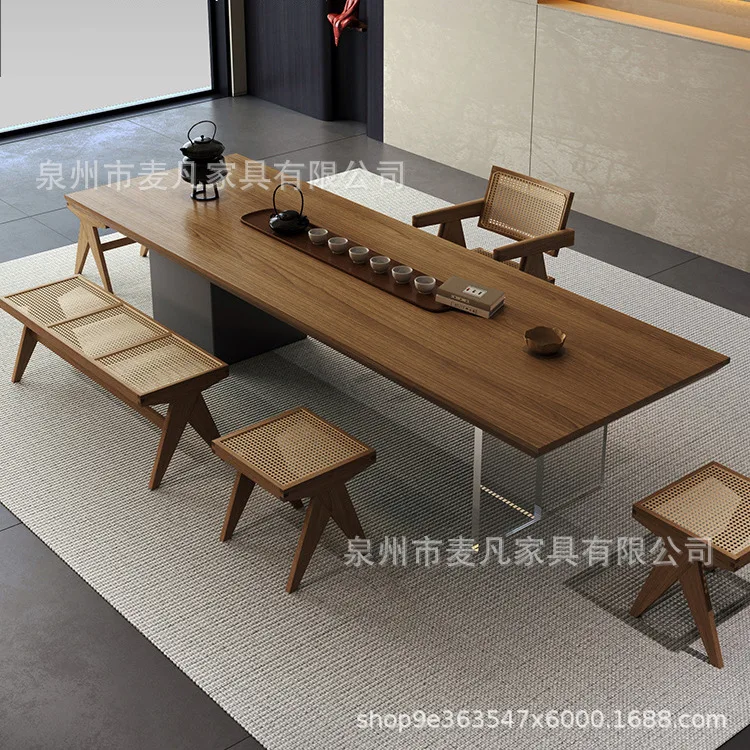 

Simple solid wood large board table creative tea table office new Chinese zen tea table and chair combination wabi-sandy wind te