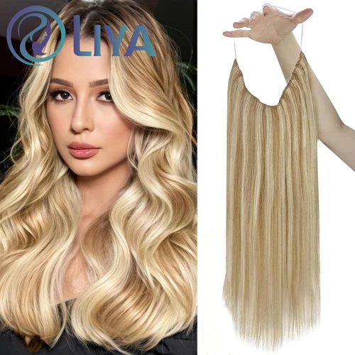 Extensiones de cabello con Clip recto de una pieza 8/613, extensiones de cabello con alambre de línea de pescado de cabeza completa, Clip resaltador en extensión de cabello humano