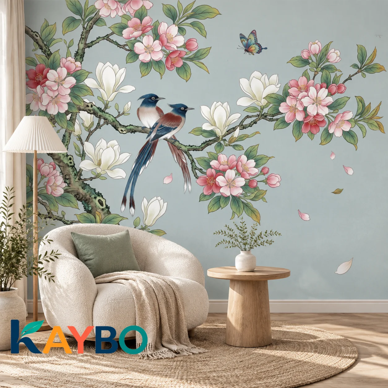 Chinoiserie Wallpaper Mural Blush Magnolia Flowers and Blue Birds Non Self Adhesive Wall Art for Bedroom Living Room Accent Wall