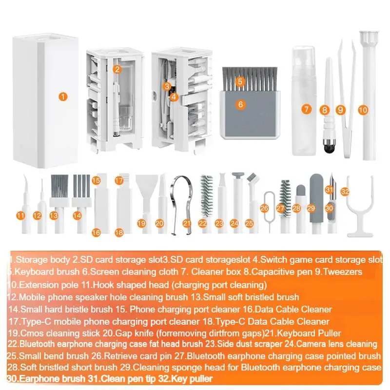 Upgrade 32 in 1 Multi-functional Cleaning Set, Deep Cleaning Kit for Computer, Earphones, Mobile Phones, Tablets Cleaner Tool