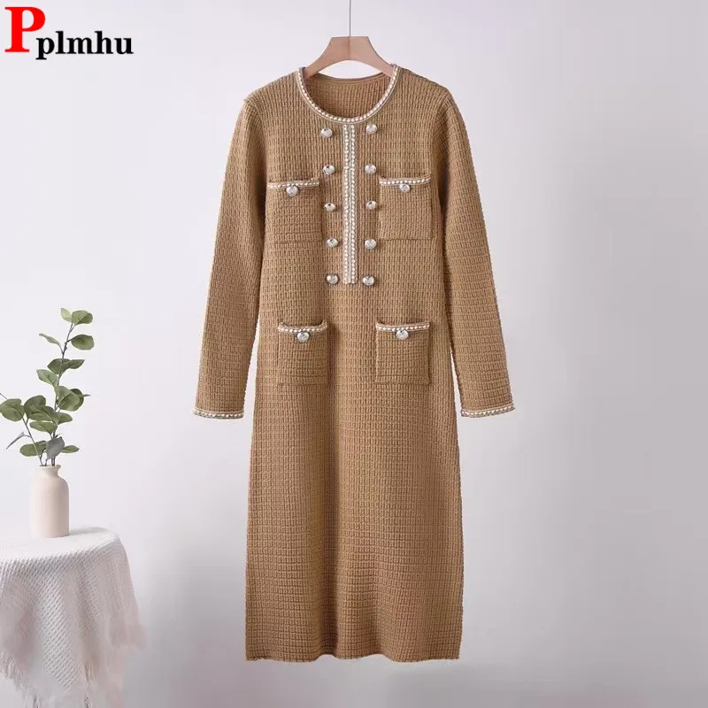 فستان محبوك أنيق جديد تصميم كوري تريكو سترة برقبة دائرية فيستدوس خريف شتاء فساتين نسائية أنيقة بأكمام طويلة #1