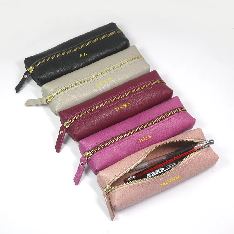 Aangepaste naam zip koeienhuid pennenzakje gepersonaliseerde lederen pennenzak zakelijk kantoor student opbergtas reizen cosmetische tassen