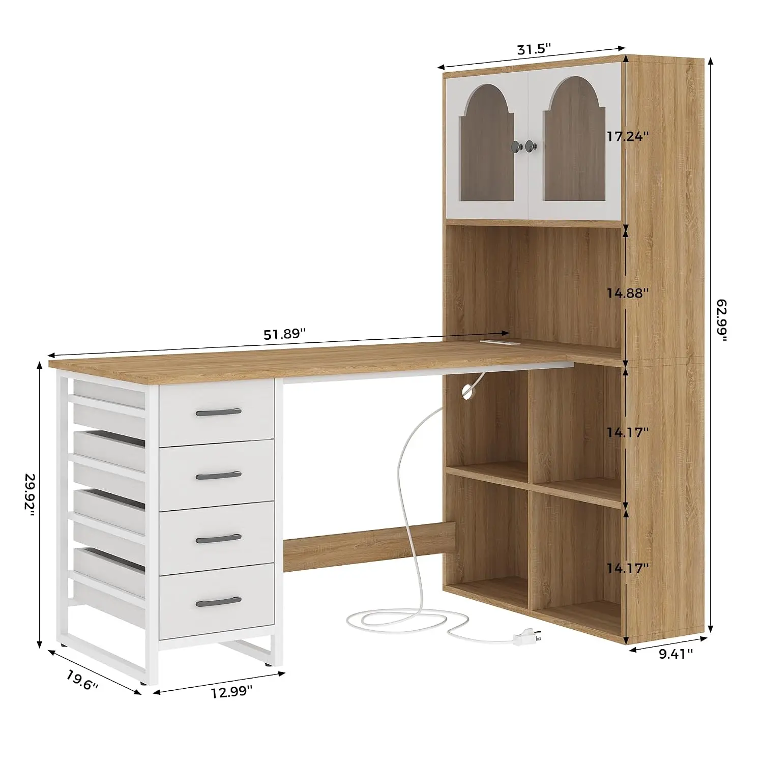 L-Shaped Desk with Power Outlets & LED Light, Home Office Desk with 4 Drawers File Cabinet Storage Shelves, Gaming Writing Study