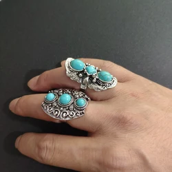 Vintage Silvery Turquoise Rings for Women Boho Tibet Ethnic Tribal Afghan Pakistan Indian Gypsy Men's Green Stone Retro Jewelry