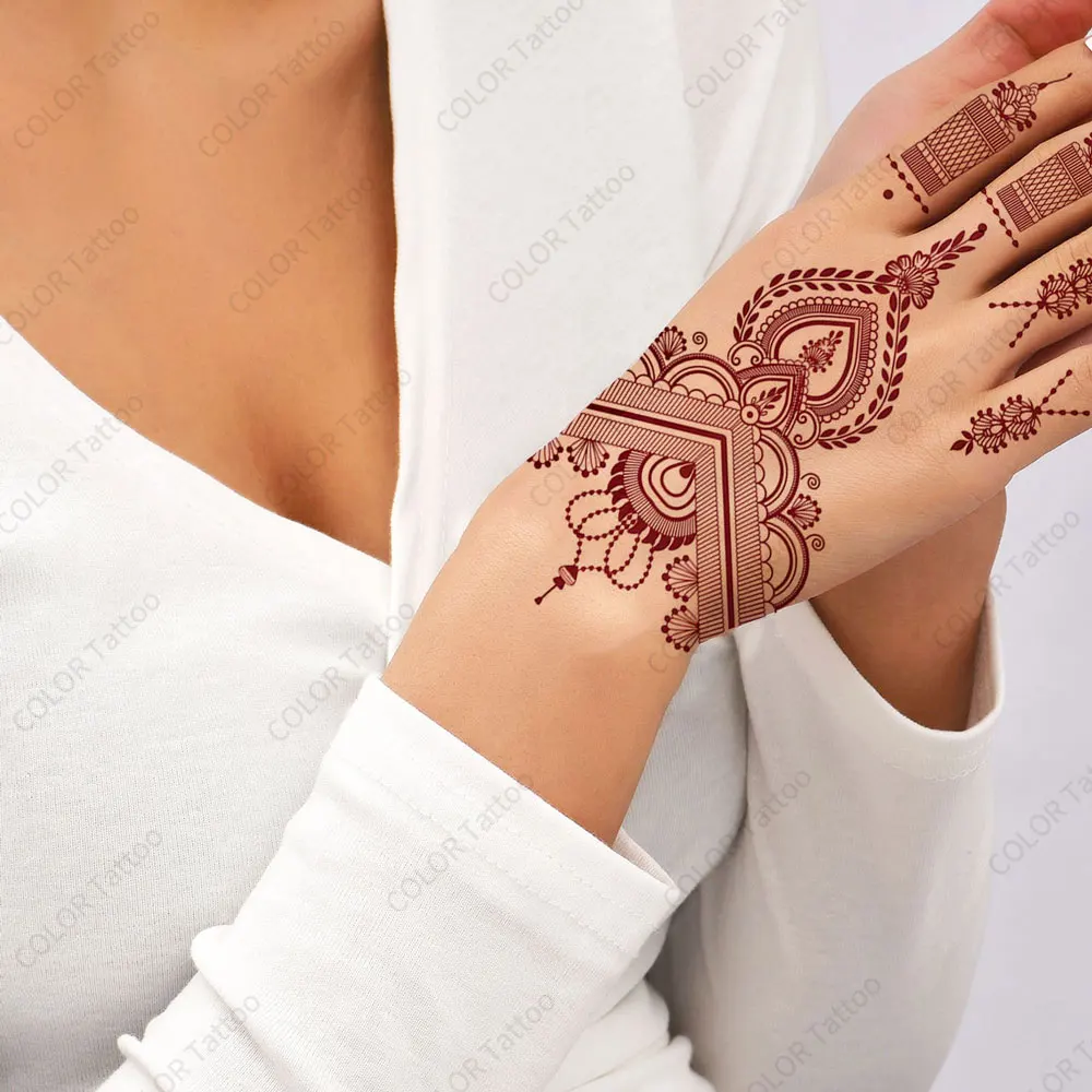 Flower Temporary Tattoos for Women, Maroon Henna Tattoo Stickers for Hand Fingers Disposable Fake Tattoo