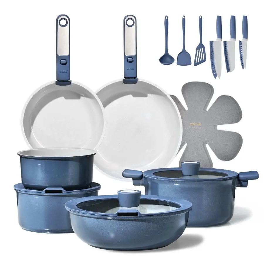 CAROTE 19 Pcs Ceramic Nonstick Cookware Set, Non Stick Pots and Pans with Detachable Handles, Oven Safe