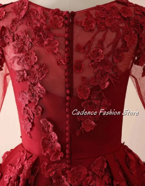 Customized Red Floral Round Neck Wedding Dresses Gorgeous Beaded Stereoscopic Applique A-Line Trailing Hem Bridal Wedding Party