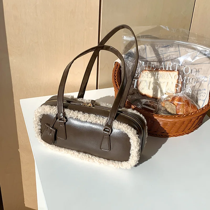 

Новая осенне-зимняя женская сумка через плечо Boston из овечьей шерсти в винтажном стиле, модная универсальная сумка-тоут с плюшевыми вставками премиум-класса