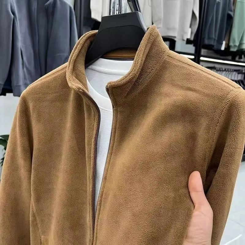 New Stand Collar Zipper Cardigan Jacket Autumn Winter Men Thickened Sweatshirt Warm Men\'s Polar Fleece Solid Color Jacket