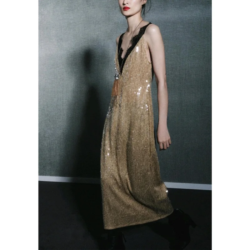 Ele Winter Nowa Damska Sukienka z Dekoltem w Serek, Szerokimi Ramiączkami, Prostym Dołem, Kolorowym Blokowaniem, Koronką z Koralików, Wykonana z Poliestru, Wyszczuplająca, Luźny Krój