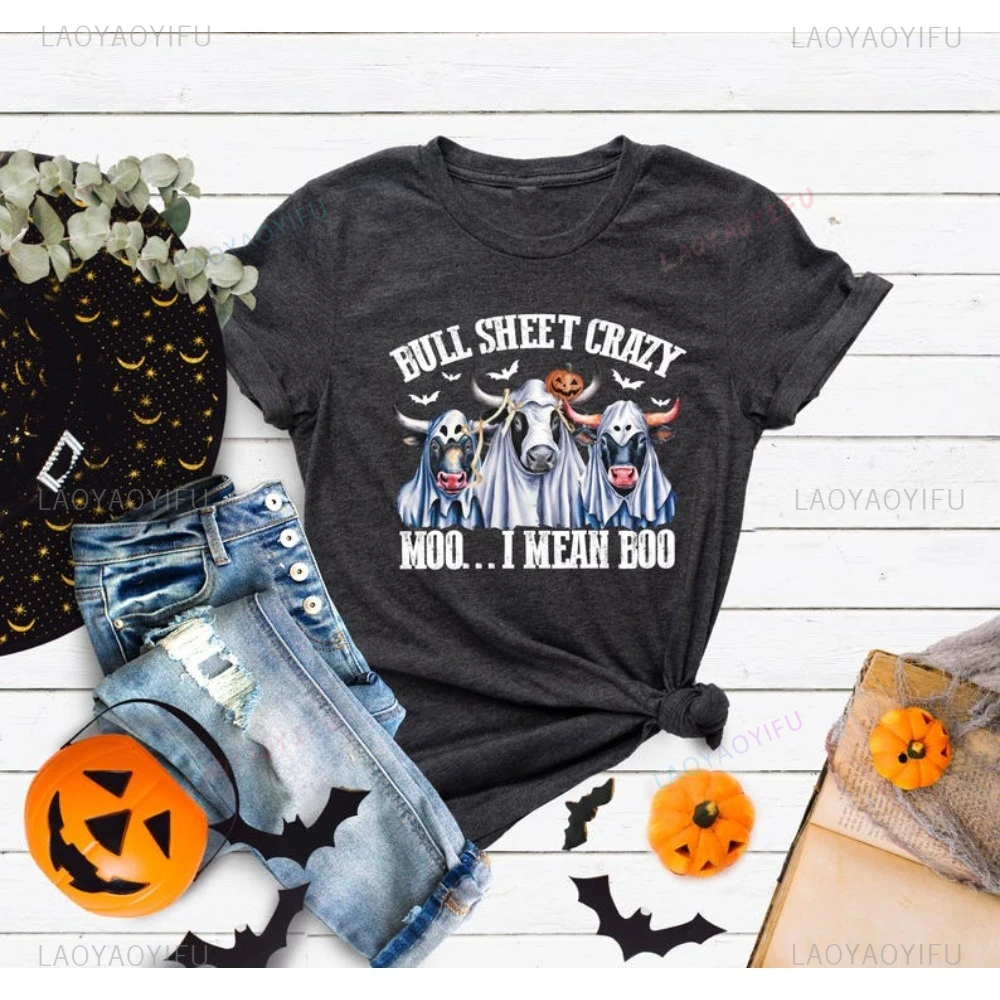 Funny Halloween Cow Ghost Graphic Moo I Mean Boo T-Shirt Humor Casual Fahsion Loose Harajuku Man Streetwear Y2K Women T Shirt