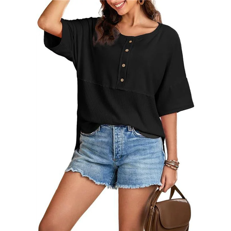 

ABP-Women Waffle Knit Tops 2025 Fashion 3/4 Sleeve Crew Neck Oversized Patchwork Blouses