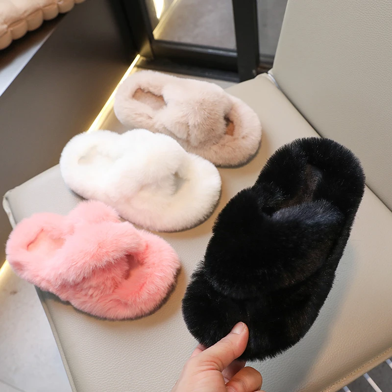 Fur Slides Slippers For Kids Furry Children Fur Slippers Cross Strap Flip Flops Baby Sandals Girls Women Family Shoes pantuflas