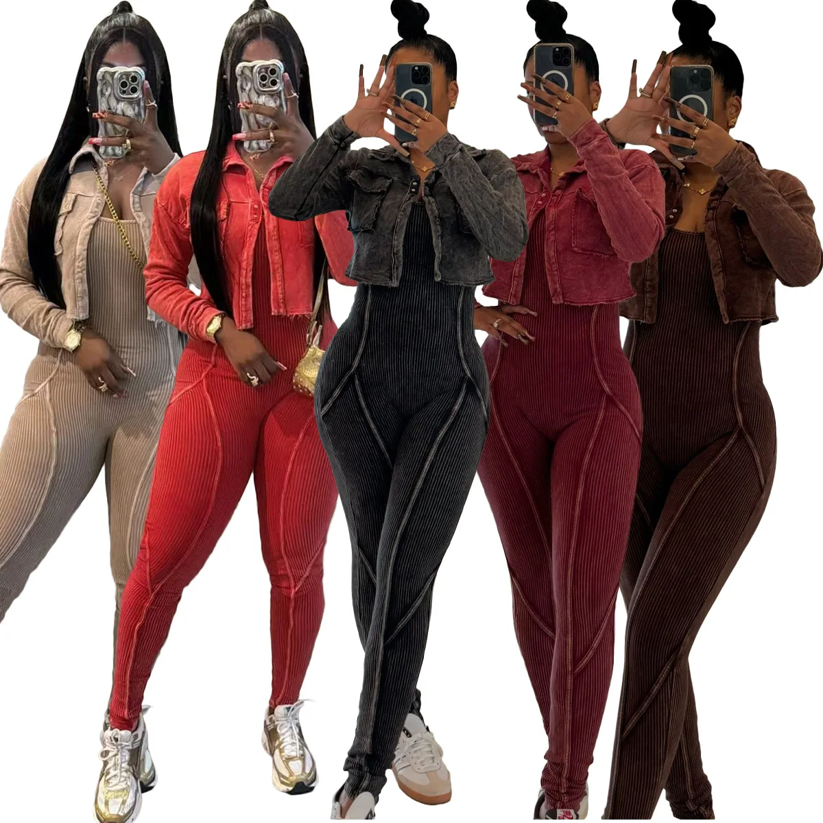 Women Set Autumn Winter Fashion Long Sleeve Crop Jacket+Tight Jumpsuits Matching Pieces Sets Streetwear Casual Women Jacket Set