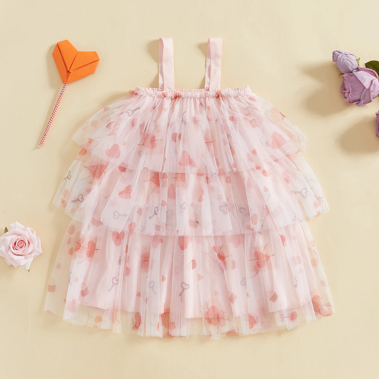 Kids Girls Sling Valentine's Day Heart Print Tulle Layered Ruffle Sleeveless Casual Cake Dress Toddler Princess Party Dresses