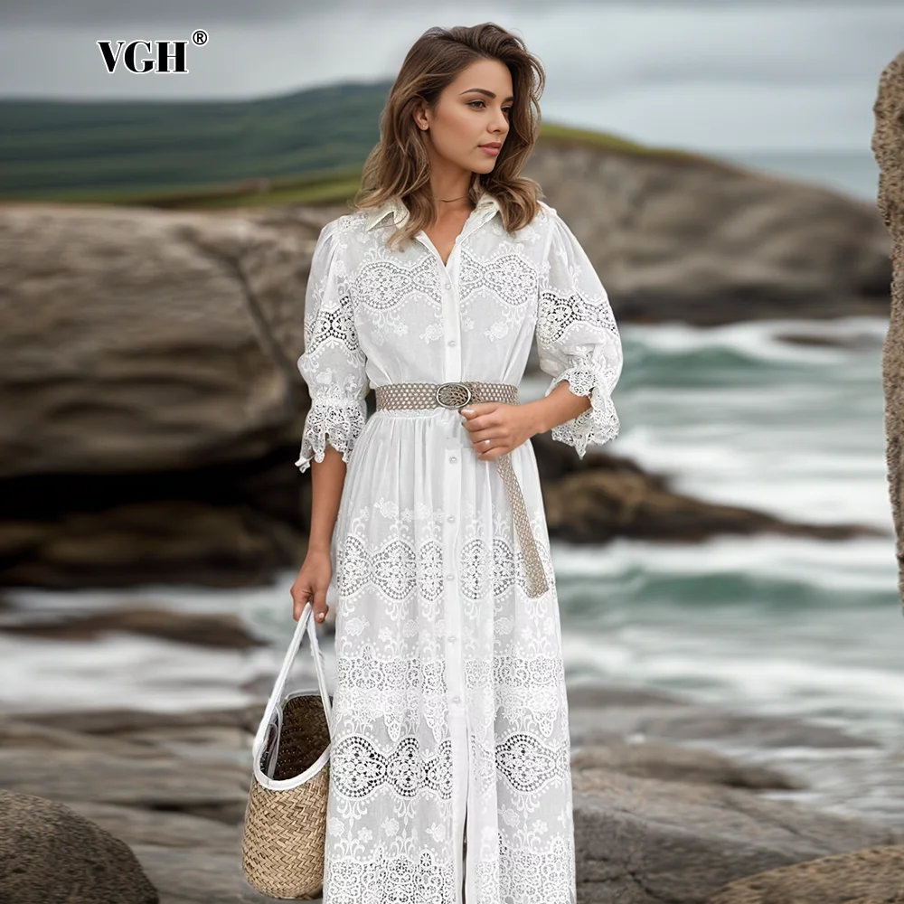 

VGH Hollow Out Elegant Long Dresses For Women Lapel Long Sleeve High Waist Patchwork Belt Temperament Embroidery Dress Female