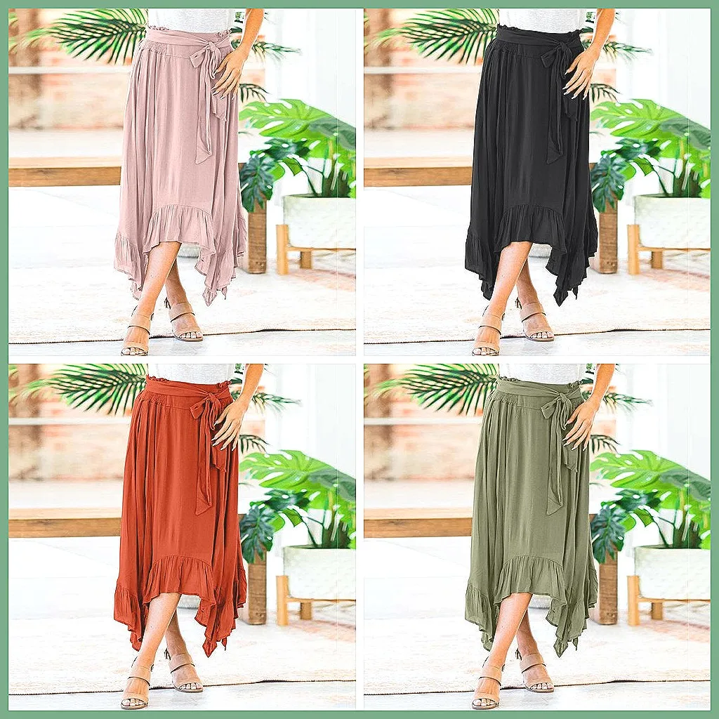 

Women's Floral Print Midi Skirt with Front Knot Tie, Ruffle Hem & Elastic Waist - Boho Chic Style