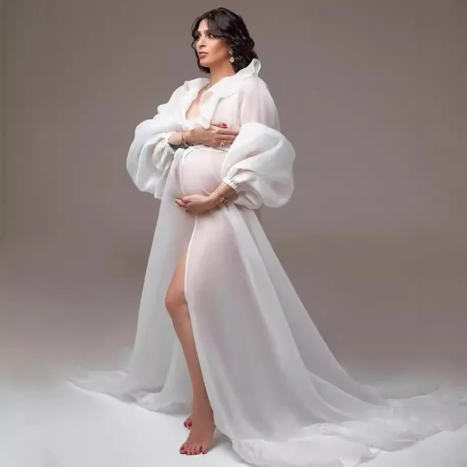 

Maternity Photo Shoot Long Chiffon Dress Ruffle Neck Lantern Sleeve With Tie Cord Pregnancy Robe For Baby Shower