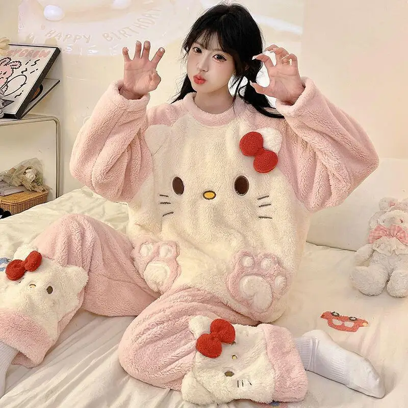 

Kawaii Cartoon Pyjamas Set Women Coral Fleece Sleepwear Cute Hello Kitty Cat Print Long Sleeve Pajamas Winter Warm Loungewear